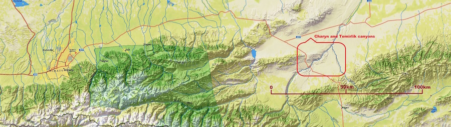 Чарын на карте Алматинской области